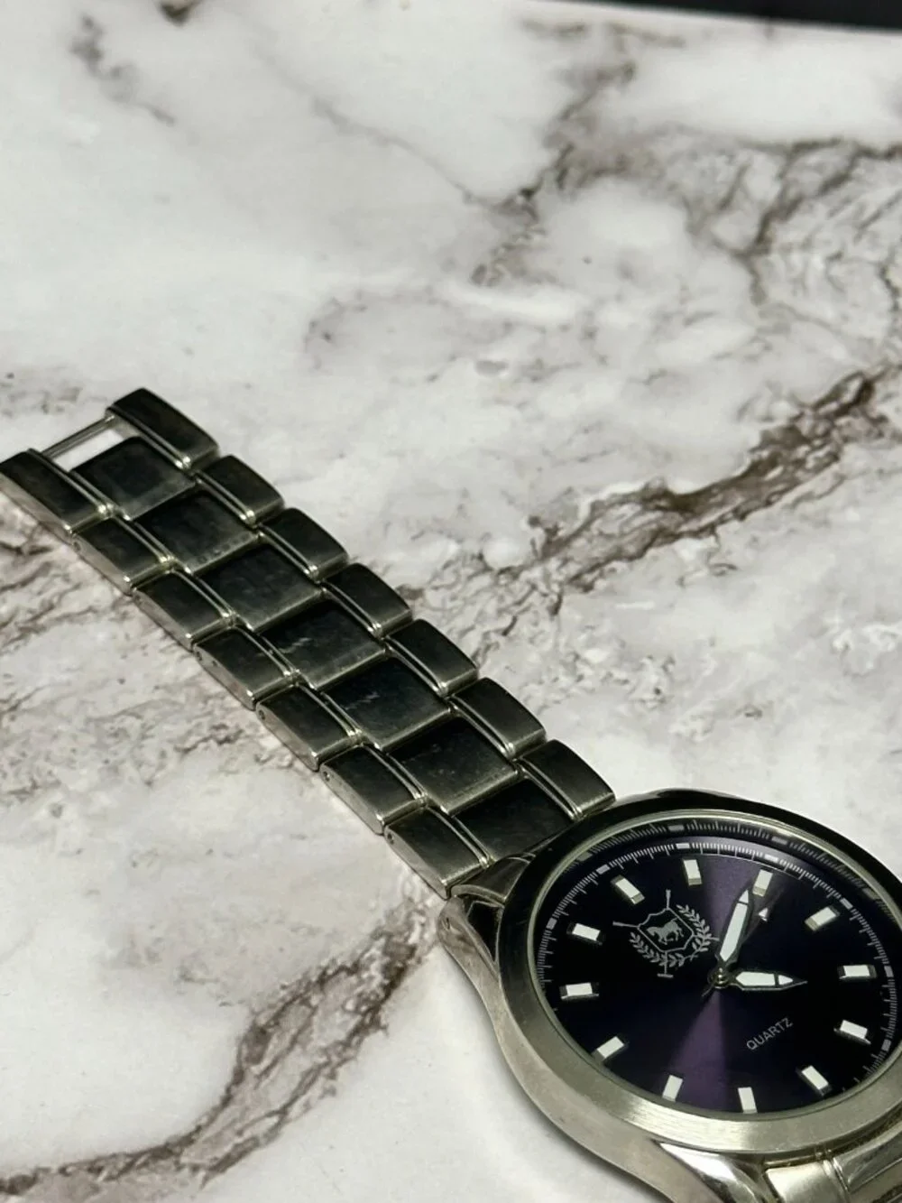 3/$30 Accutime Watch Men Silver Tone Purple Round 42MM Dial New Battery 8.5 Inch
